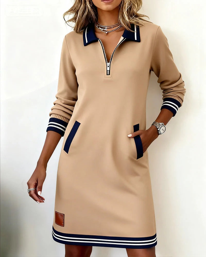Women's knit mini dress with quarter-zip collar and pockets