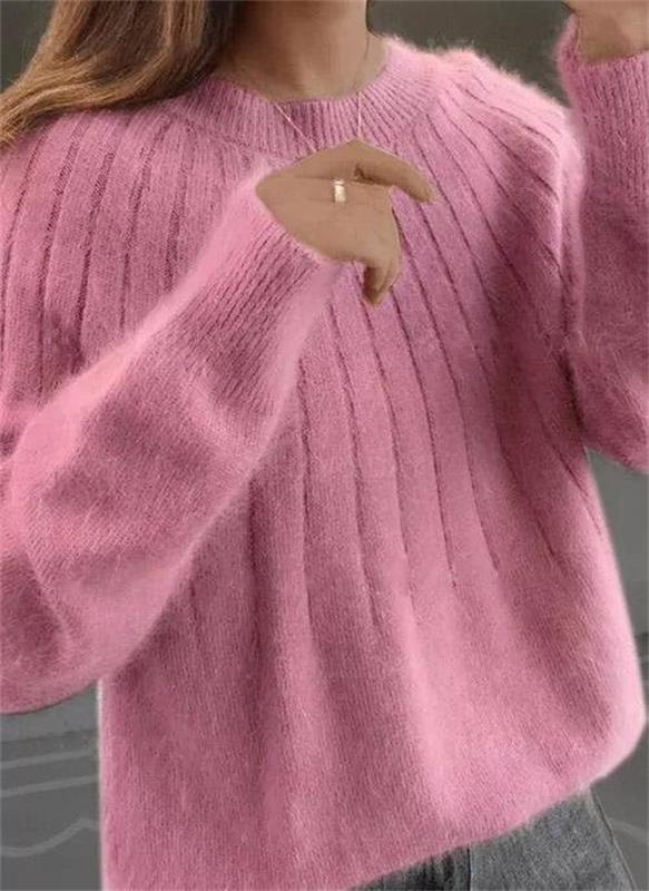 Women's Knit Pullover Sweater with Crew Neck and Ribbed Hem