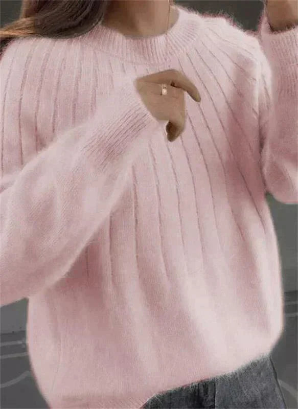 Women's Knit Pullover Sweater with Crew Neck and Ribbed Hem