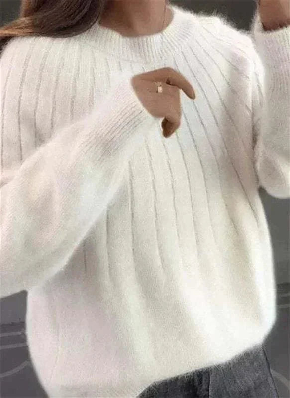 Women's Knit Pullover Sweater with Crew Neck and Ribbed Hem