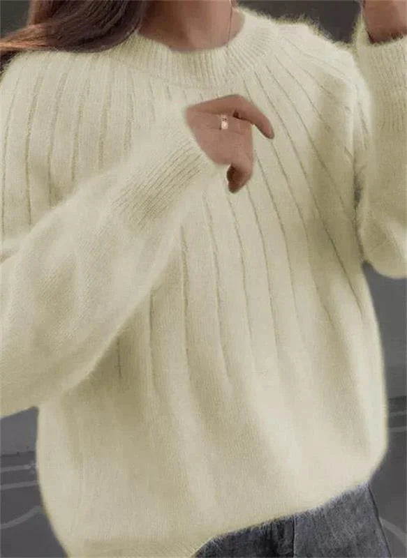 Women's Knit Pullover Sweater with Crew Neck and Ribbed Hem