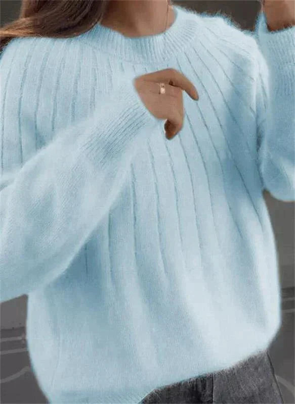 Women's Knit Pullover Sweater with Crew Neck and Ribbed Hem