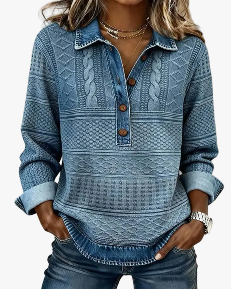 Women's Knit Pullover Sweater with Half Button Placket and Collar