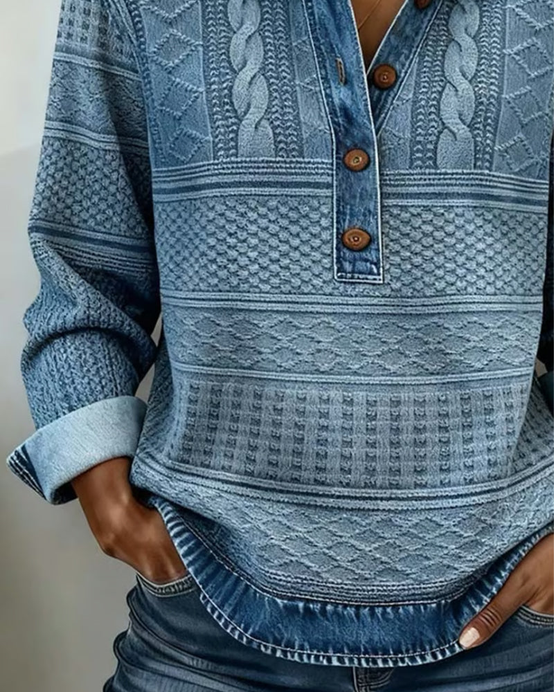 Women's Knit Pullover Sweater with Half Button Placket and Collar