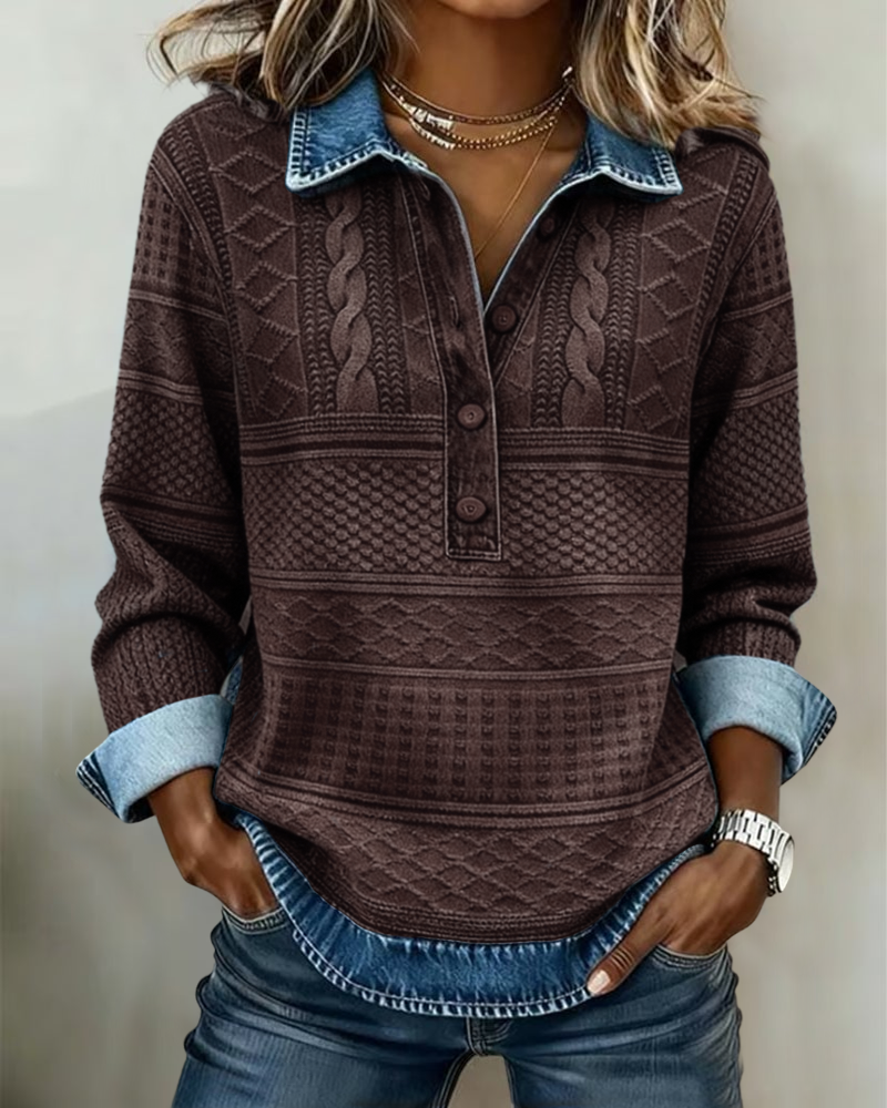 Women's Knit Pullover Sweater with Half Button Placket and Collar