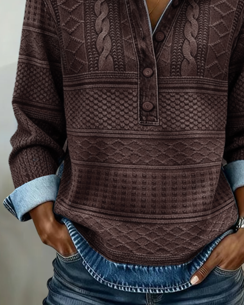 Women's Knit Pullover Sweater with Half Button Placket and Collar