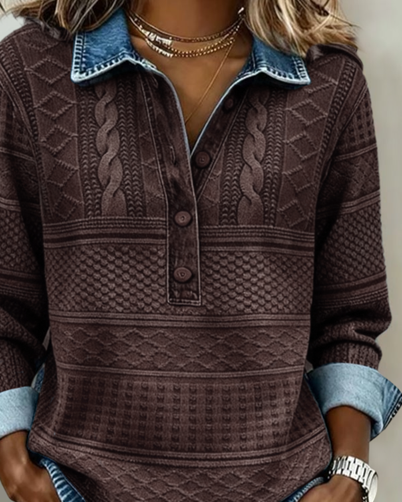 Women's Knit Pullover Sweater with Half Button Placket and Collar
