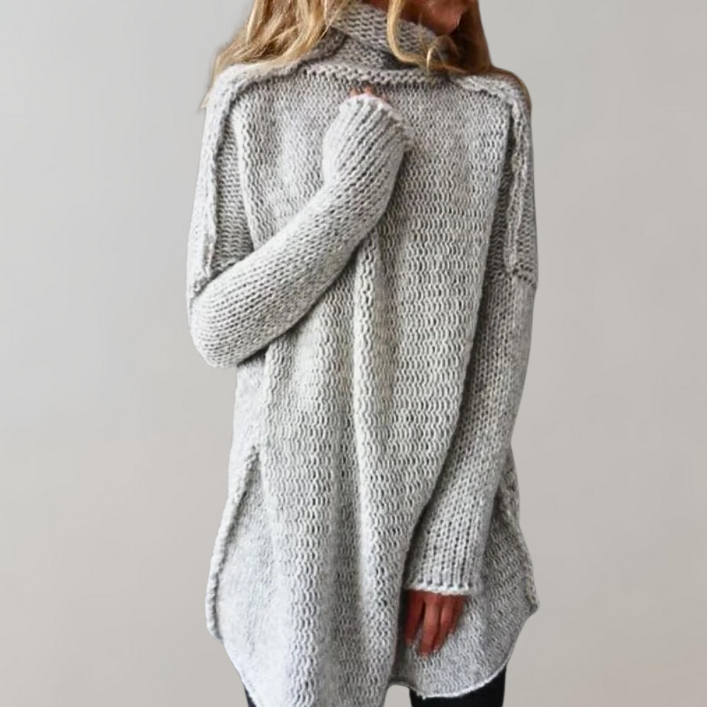 Women's Knit Pullover Sweater with Turtleneck and Longline Hem