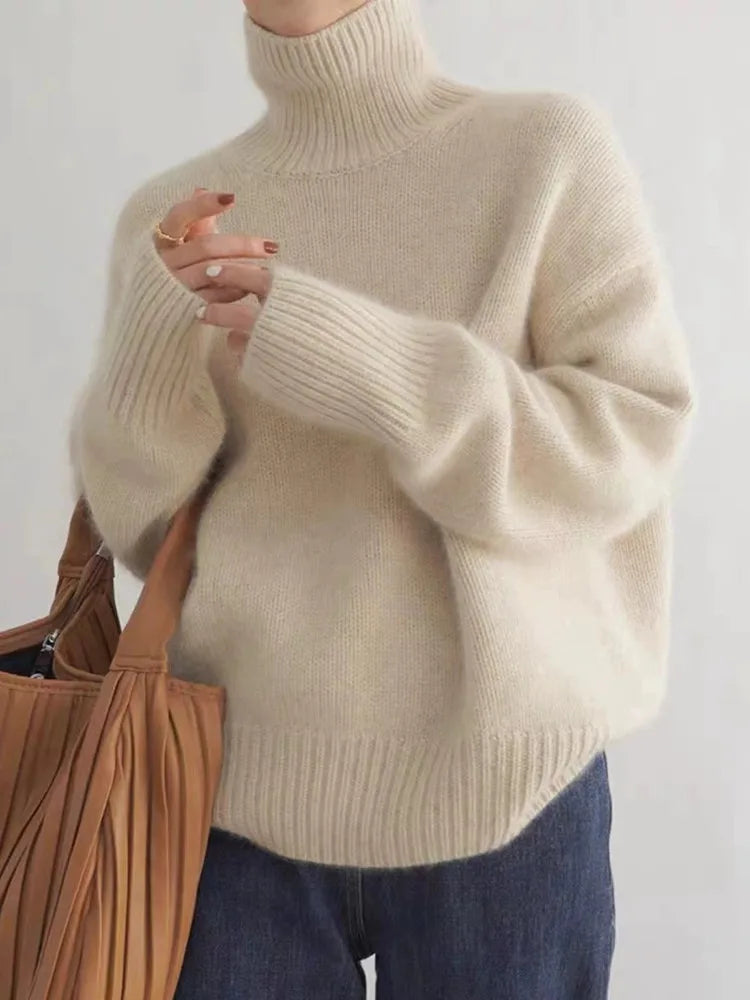Women's Knit Pullover Sweater with Turtleneck and Ribbed Trim