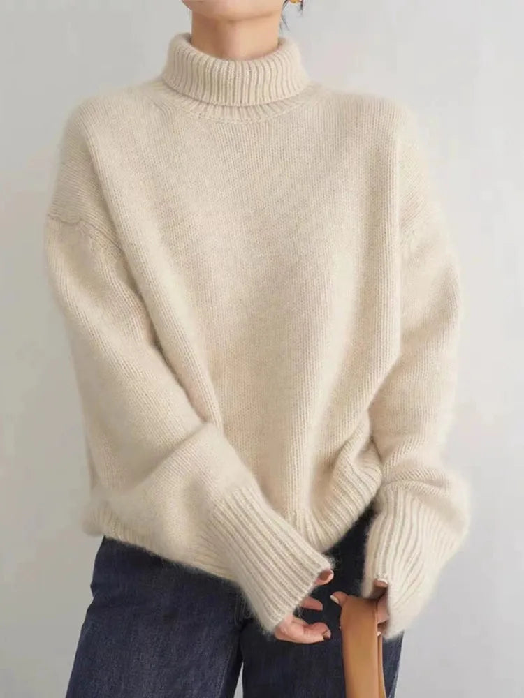 Women's Knit Pullover Sweater with Turtleneck and Ribbed Trim