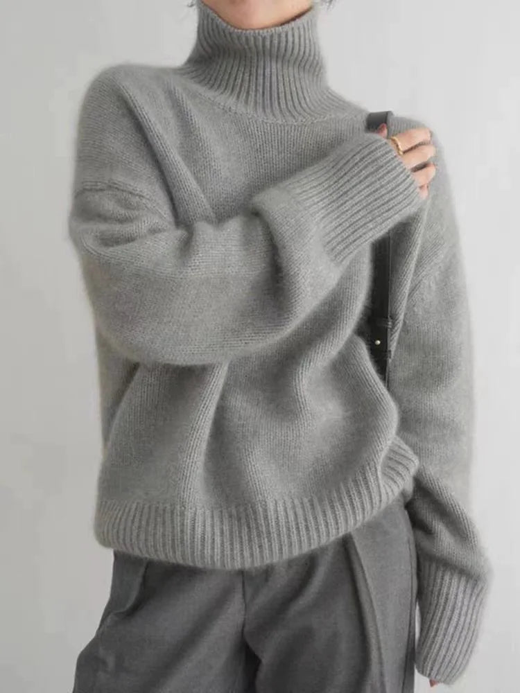 Women's Knit Pullover Sweater with Turtleneck and Ribbed Trim