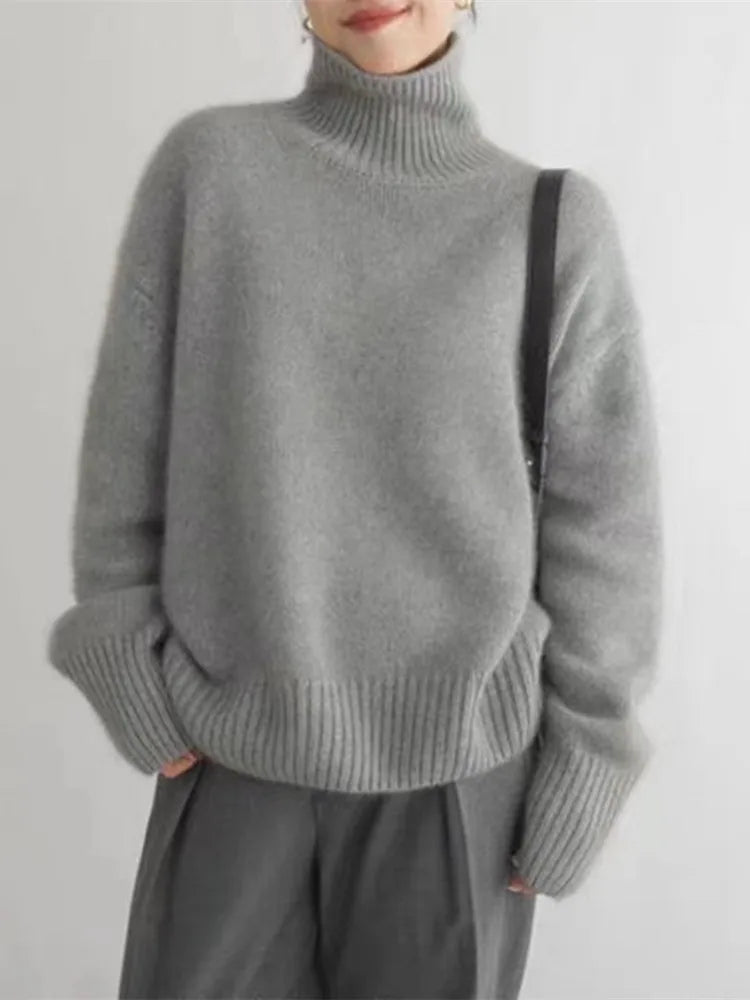 Women's Knit Pullover Sweater with Turtleneck and Ribbed Trim
