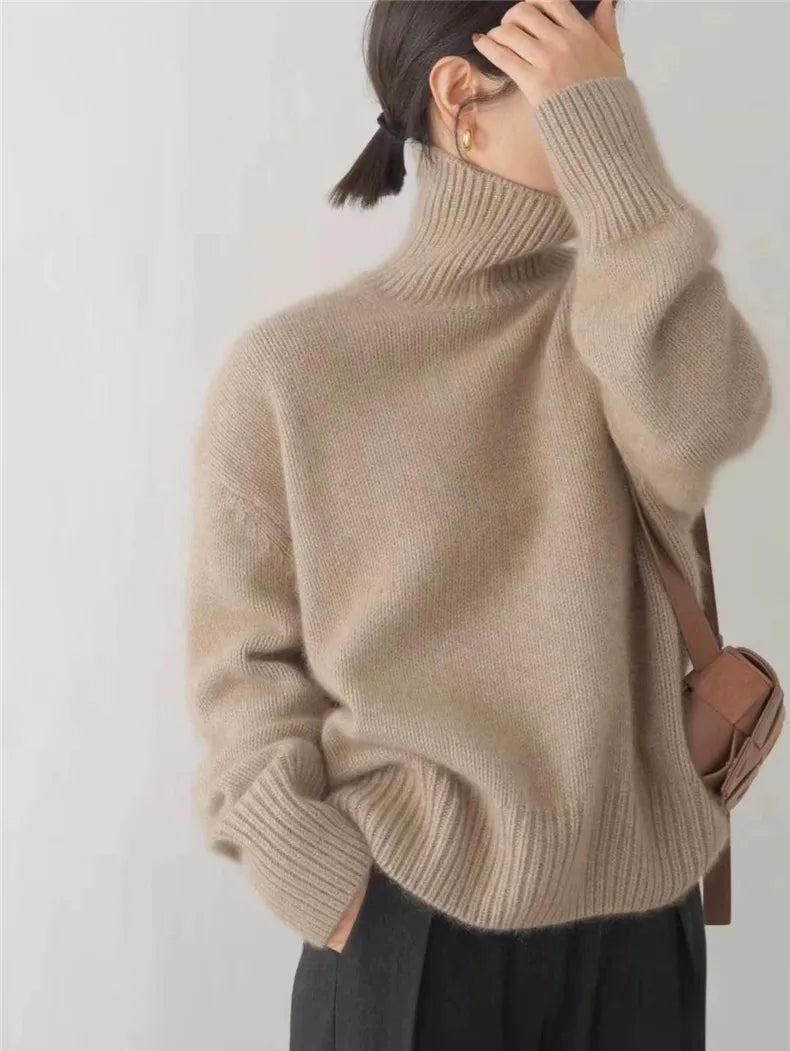 Women's Knit Pullover Sweater with Turtleneck and Ribbed Trim