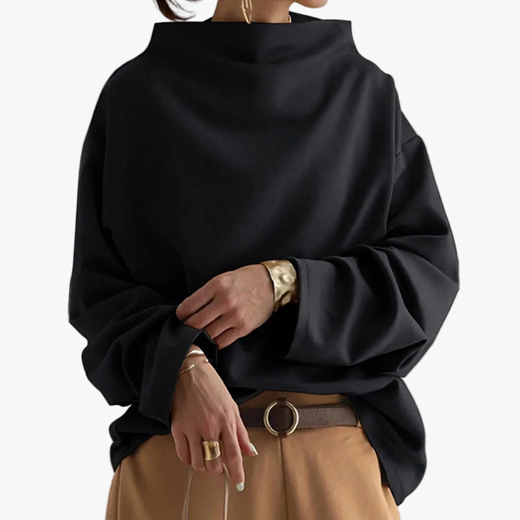 Women's Knit Pullover Top with High Neck and Drop Shoulders