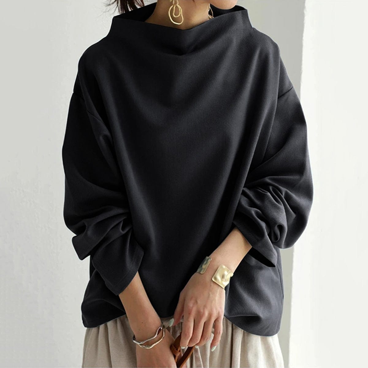 Women's Knit Pullover Top with High Neck and Drop Shoulders