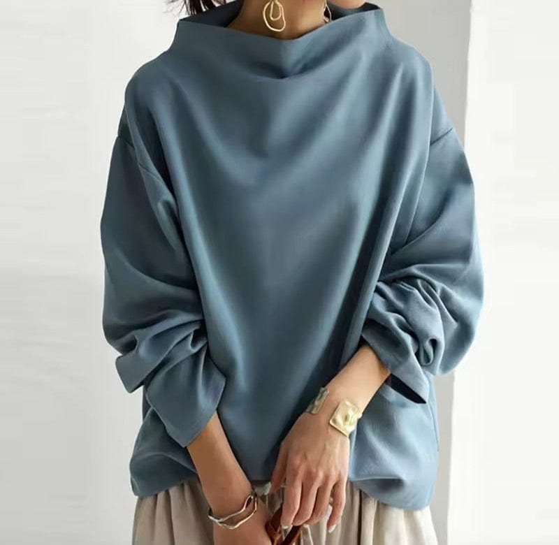 Women's Knit Pullover Top with High Neck and Drop Shoulders