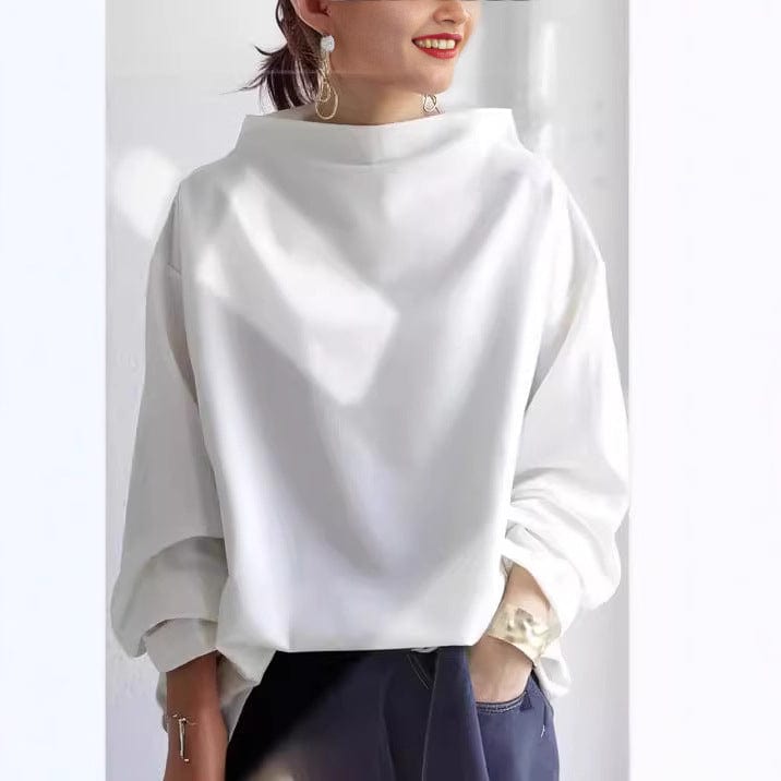 Women's Knit Pullover Top with High Neck and Drop Shoulders