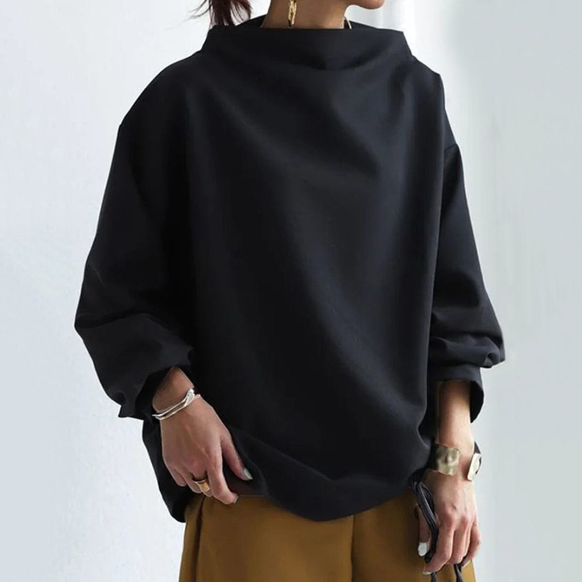 Women's Knit Pullover Top with High Neck and Drop Shoulders