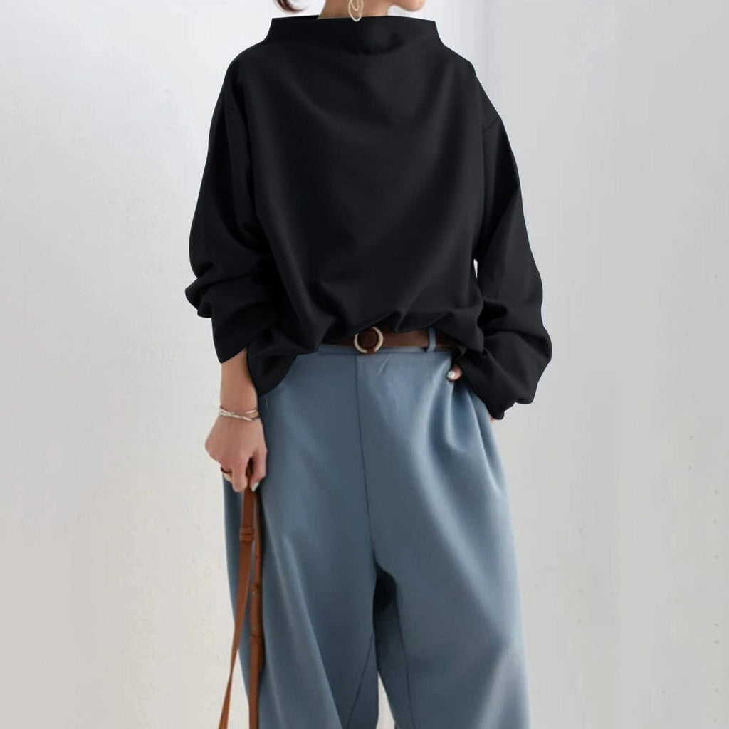 Women's Knit Pullover Top with High Neck and Drop Shoulders
