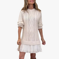 Women's Knit Sweater Dress with Crew Neck and Pleated Hem
