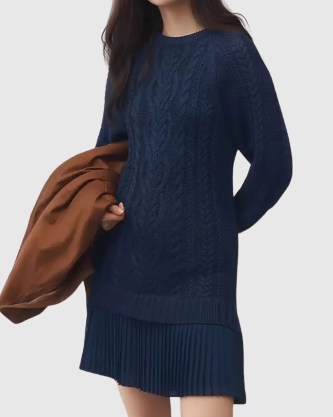 Women's Knit Sweater Dress with Crew Neck and Pleated Hem