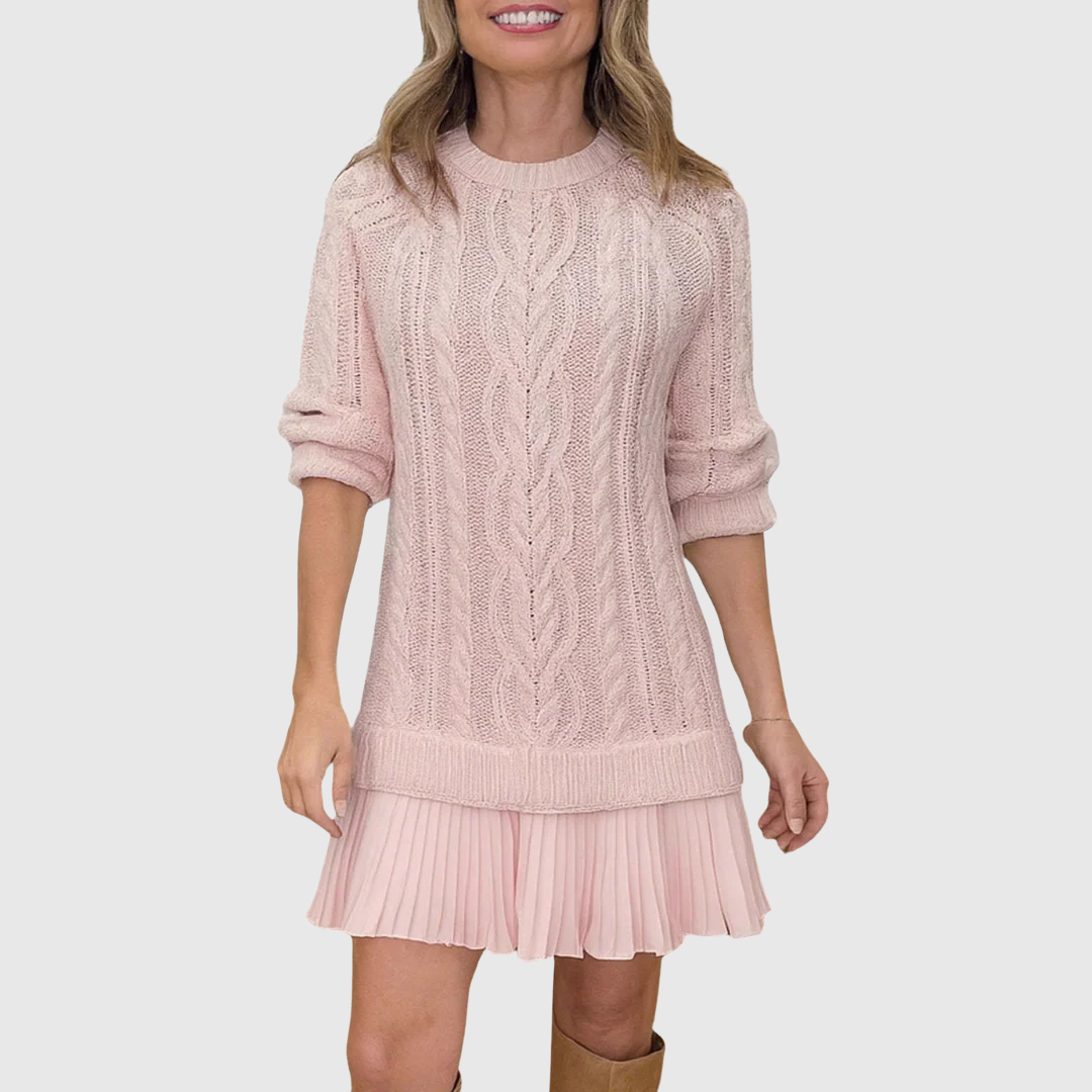 Women's Knit Sweater Dress with Crew Neck and Pleated Hem