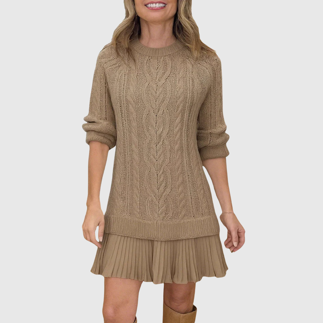 Women's Knit Sweater Dress with Crew Neck and Pleated Hem