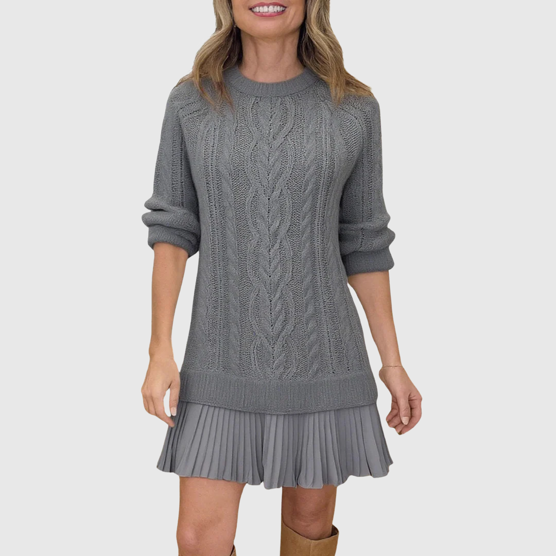 Women's Knit Sweater Dress with Crew Neck and Pleated Hem