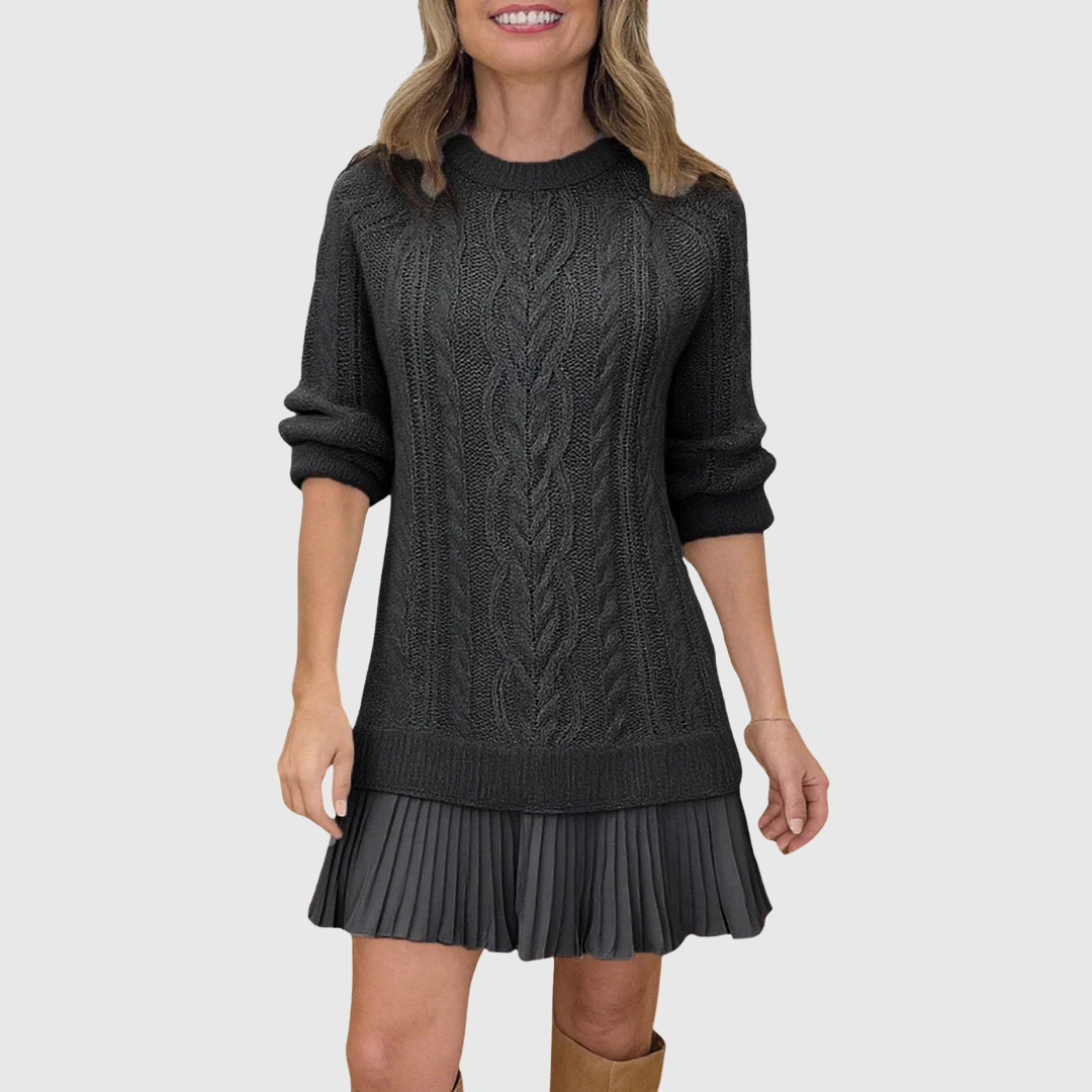 Women's Knit Sweater Dress with Crew Neck and Pleated Hem