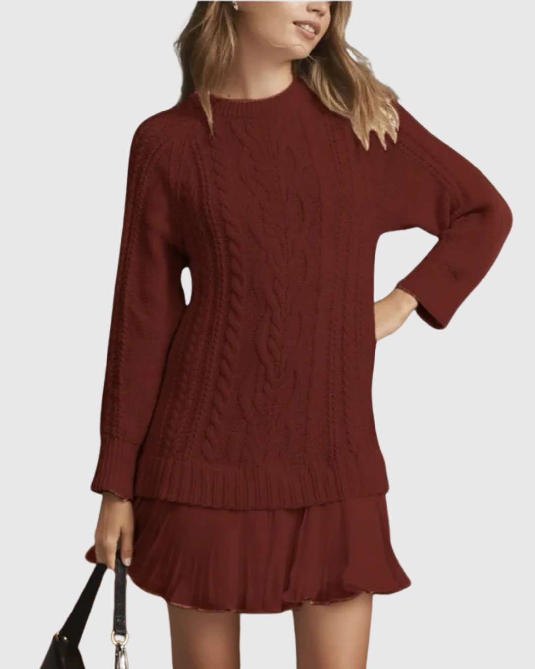 Women's Knit Sweater Dress with Crew Neck and Pleated Hem
