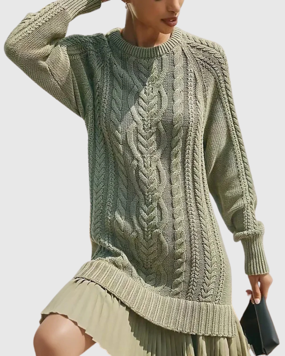 Women's Knit Sweater Dress with Crew Neck and Pleated Hem