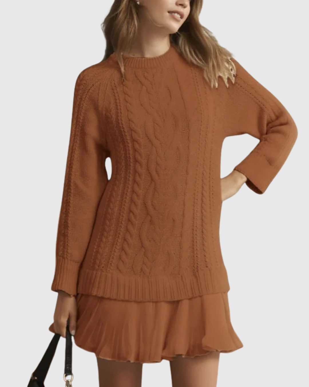Women's Knit Sweater Dress with Crew Neck and Pleated Hem
