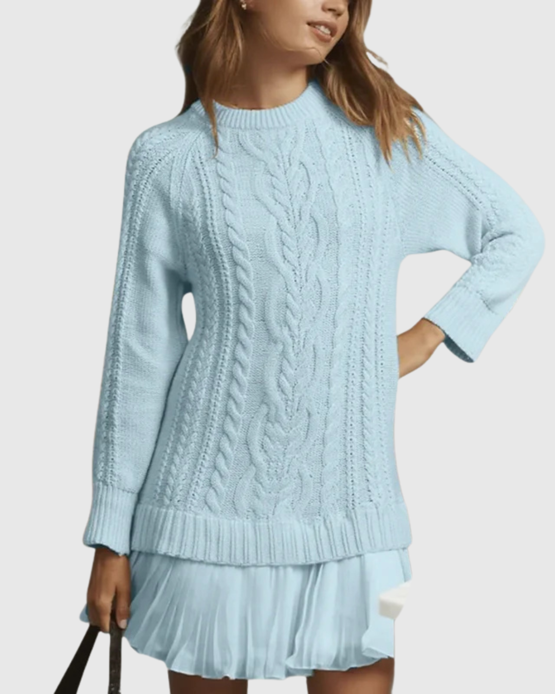 Women's Knit Sweater Dress with Crew Neck and Pleated Hem