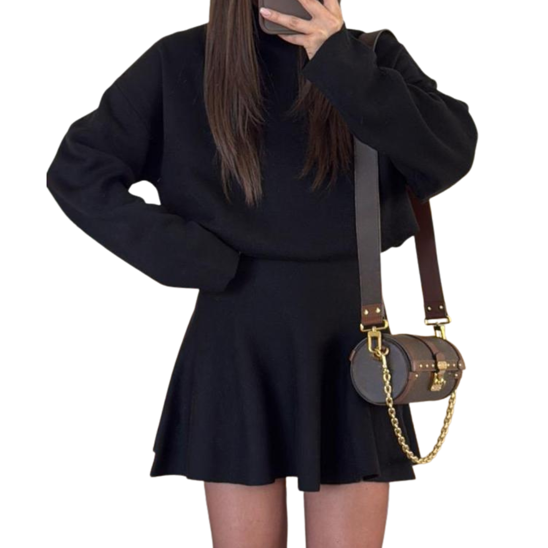 Women's Knit Sweater Dress with Mock Neck and Flared Skirt