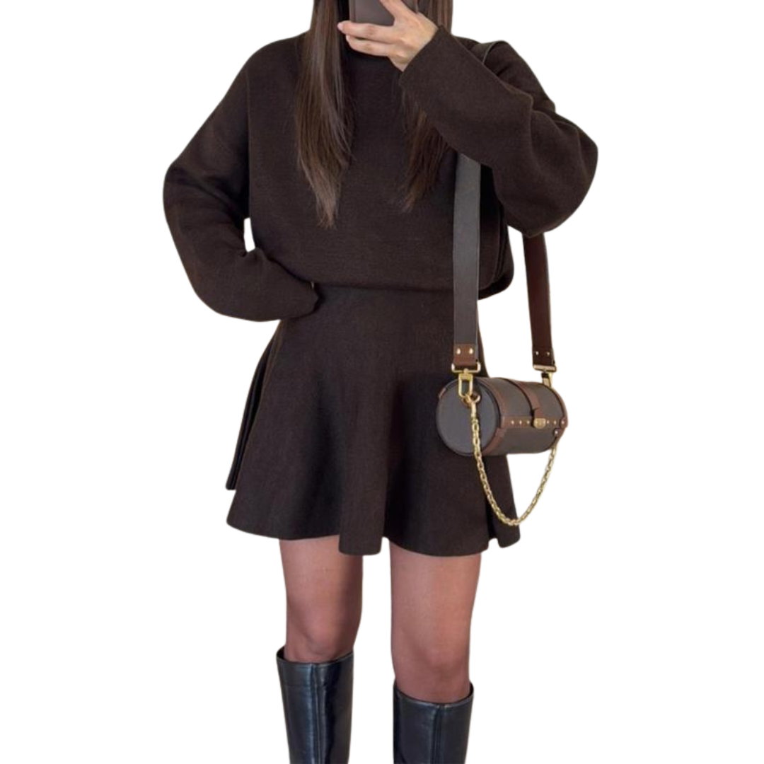 Women's Knit Sweater Dress with Mock Neck and Flared Skirt