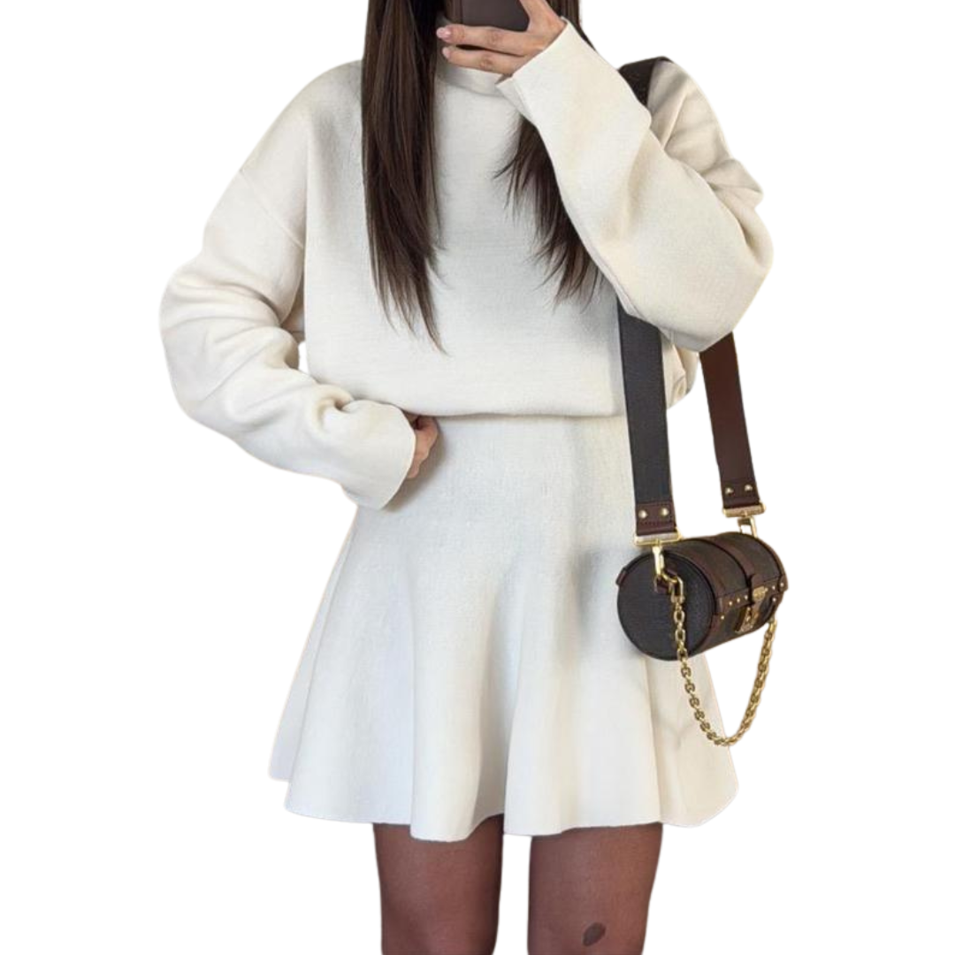 Women's Knit Sweater Dress with Mock Neck and Flared Skirt