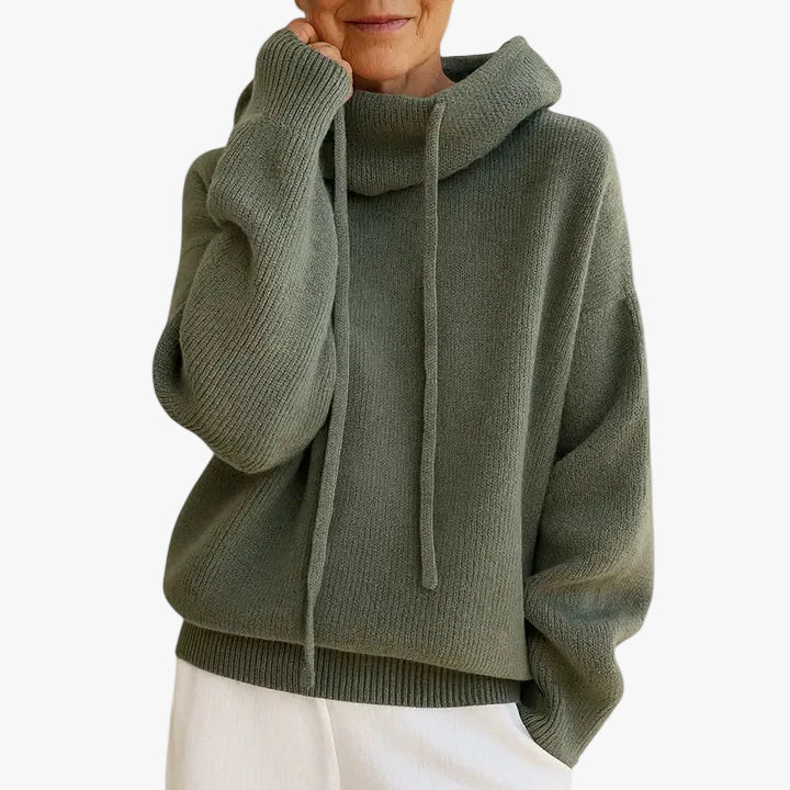 Women's Knit Sweater Hoodie with Drawstrings and Ribbed Trim