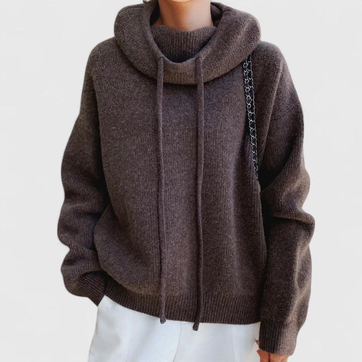 Women's Knit Sweater Hoodie with Drawstrings and Ribbed Trim