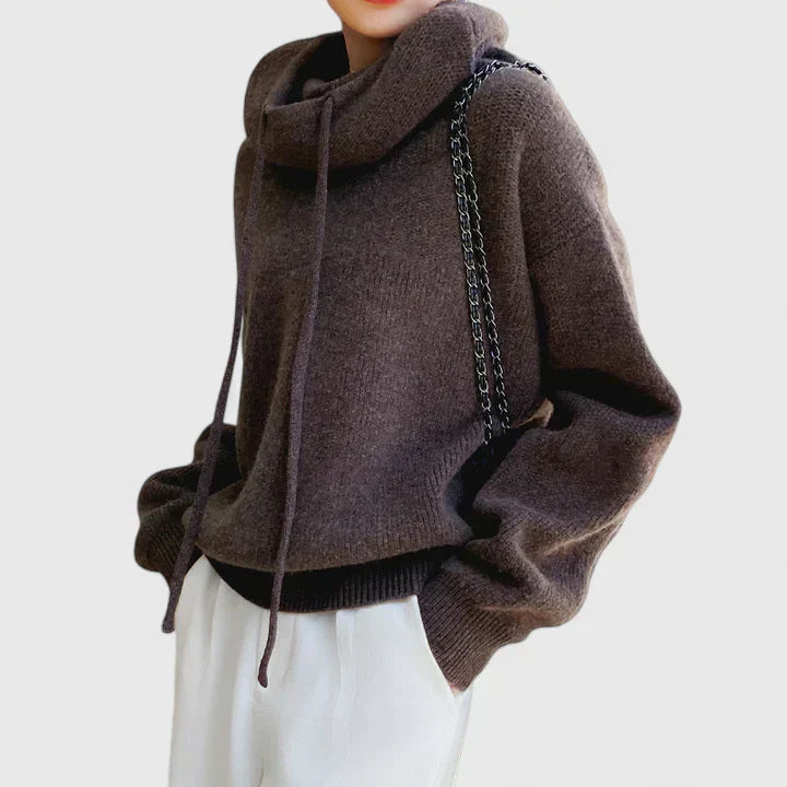 Women's Knit Sweater Hoodie with Drawstrings and Ribbed Trim