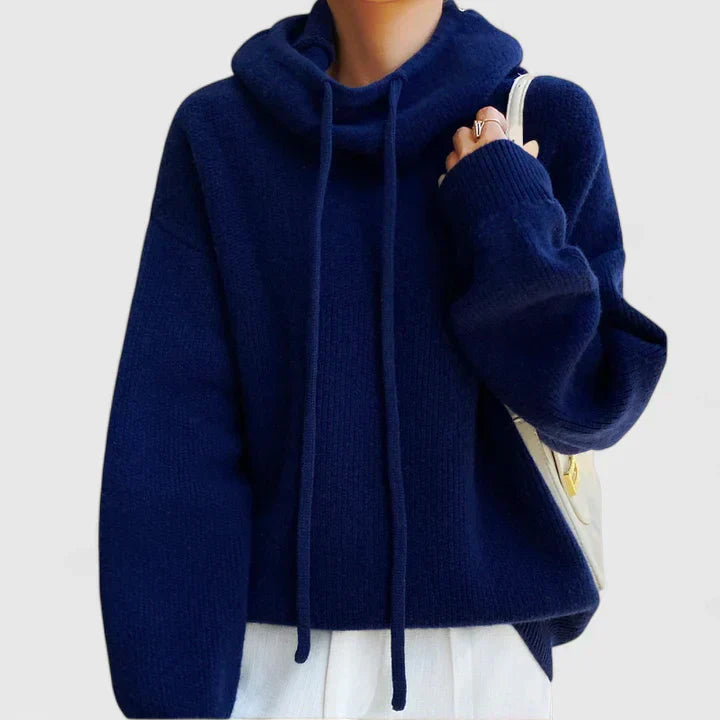 Women's Knit Sweater Hoodie with Drawstrings and Ribbed Trim