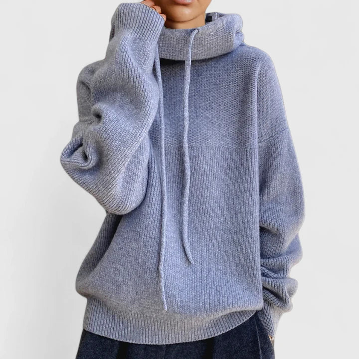 Women's Knit Sweater Hoodie with Drawstrings and Ribbed Trim