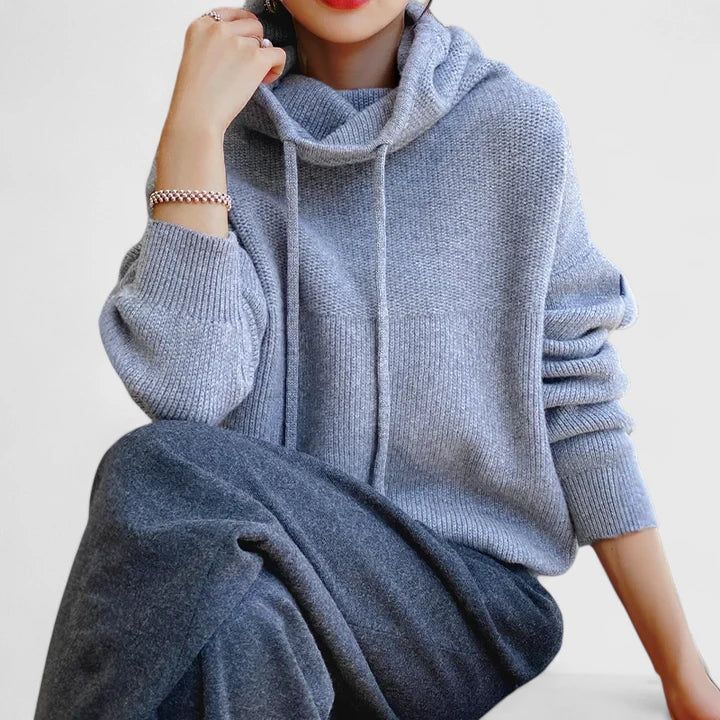 Women's Knit Sweater Hoodie with Drawstrings and Ribbed Trim