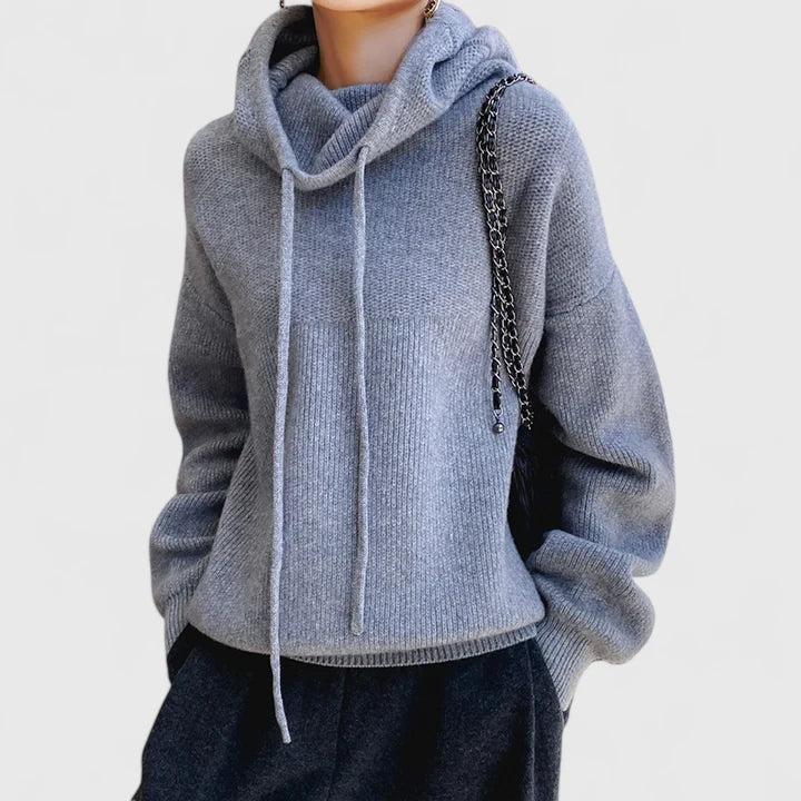 Women's Knit Sweater Hoodie with Drawstrings and Ribbed Trim