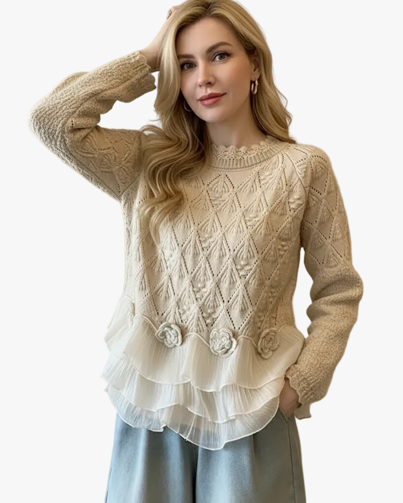 Women's Knit Sweater with Tiered Ruffle Hem and Floral Appliques