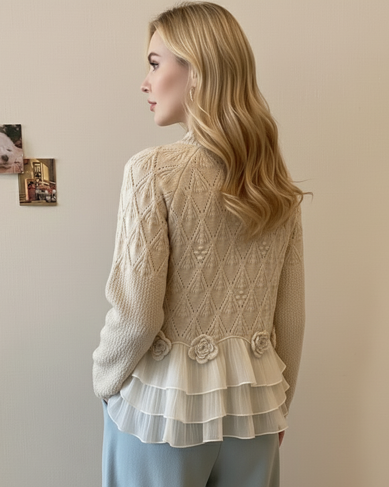 Women's Knit Sweater with Tiered Ruffle Hem and Floral Appliques