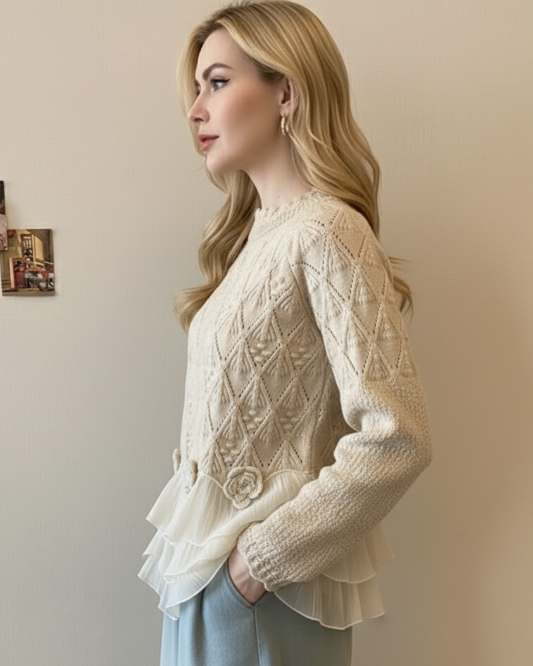 Women's Knit Sweater with Tiered Ruffle Hem and Floral Appliques