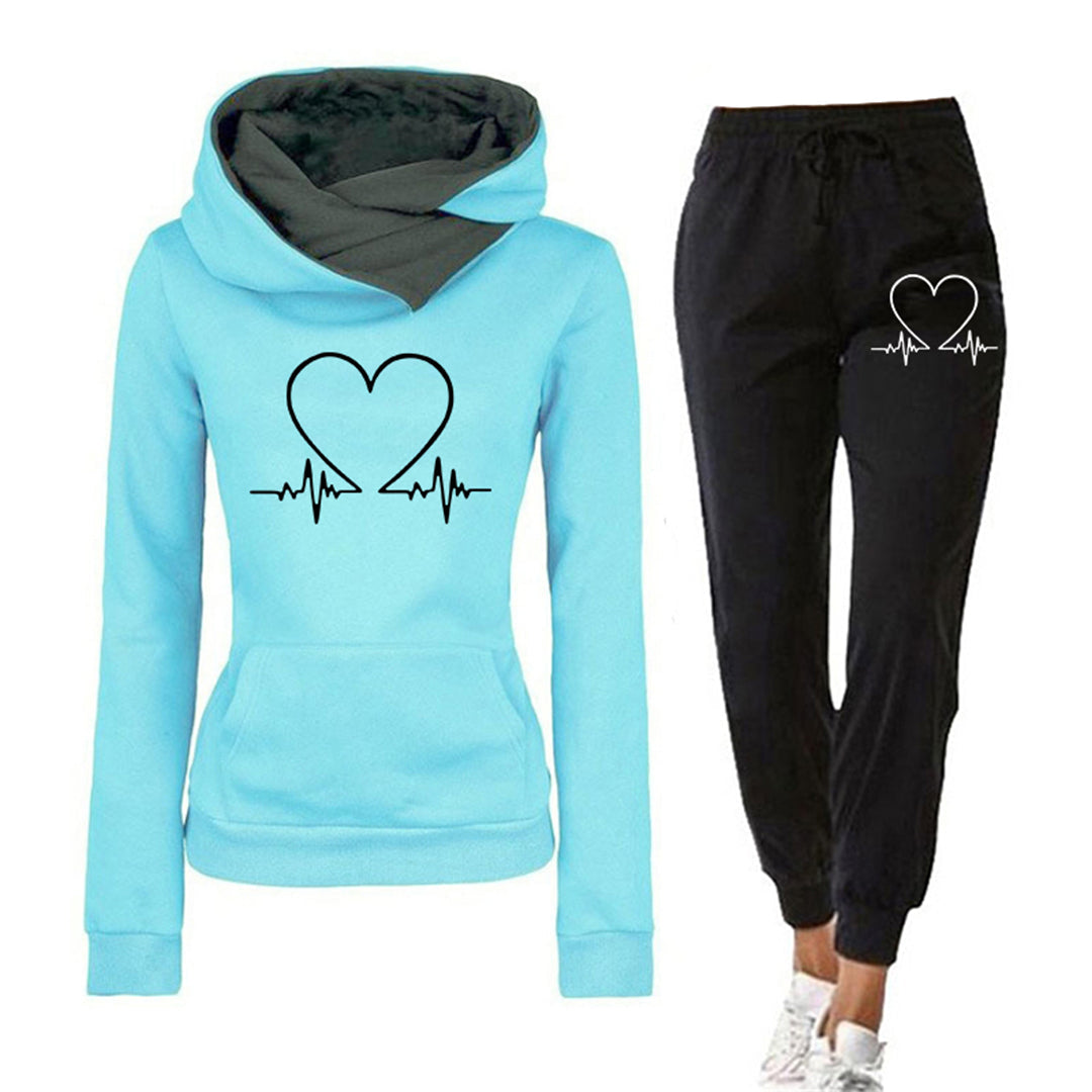 Women's Knit Tracksuit Set with Hooded Pullover and Graphic Joggers