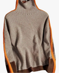 Women's Knit Turtleneck Sweater with Herringbone Pattern and Stripe Sleeves