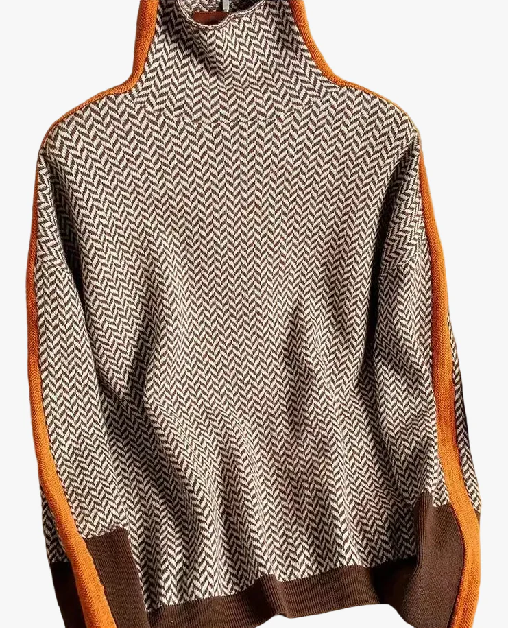 Women's Knit Turtleneck Sweater with Herringbone Pattern and Stripe Sleeves