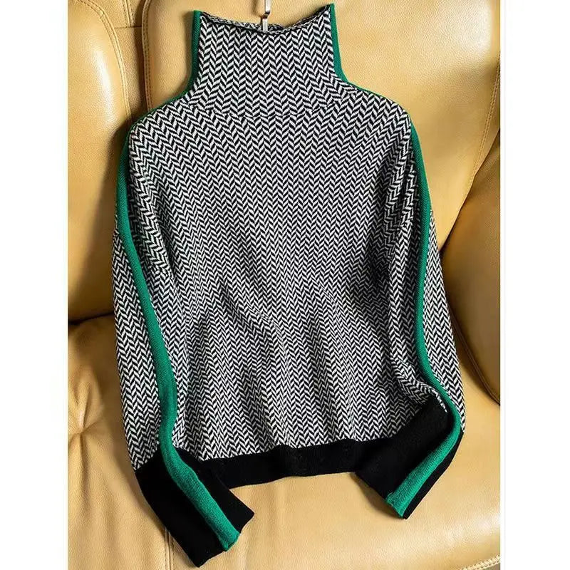 Women's Knit Turtleneck Sweater with Herringbone Pattern and Stripe Sleeves